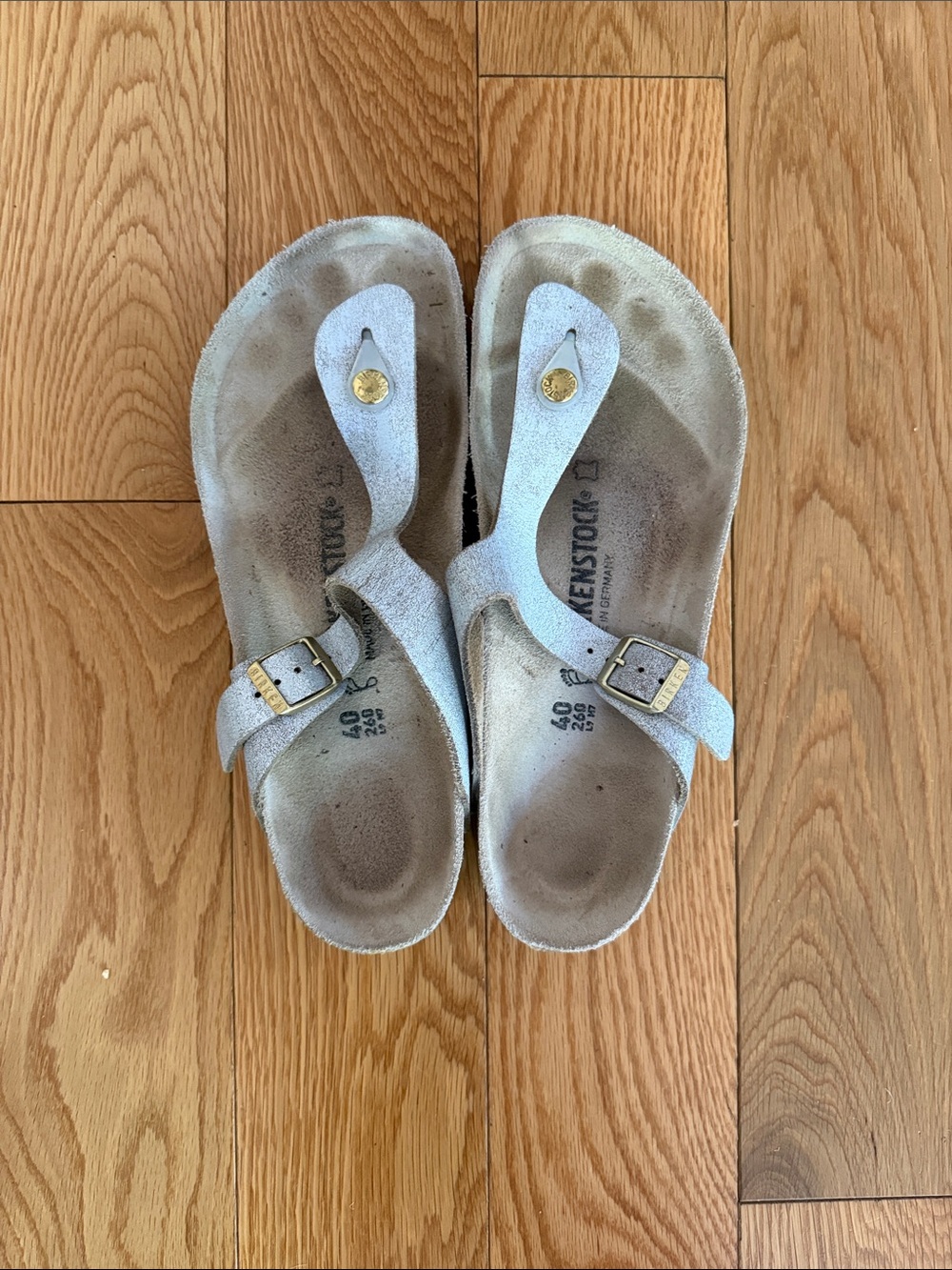 Birkenstock Womens’s Silver Thong Sandals with Gold Accents